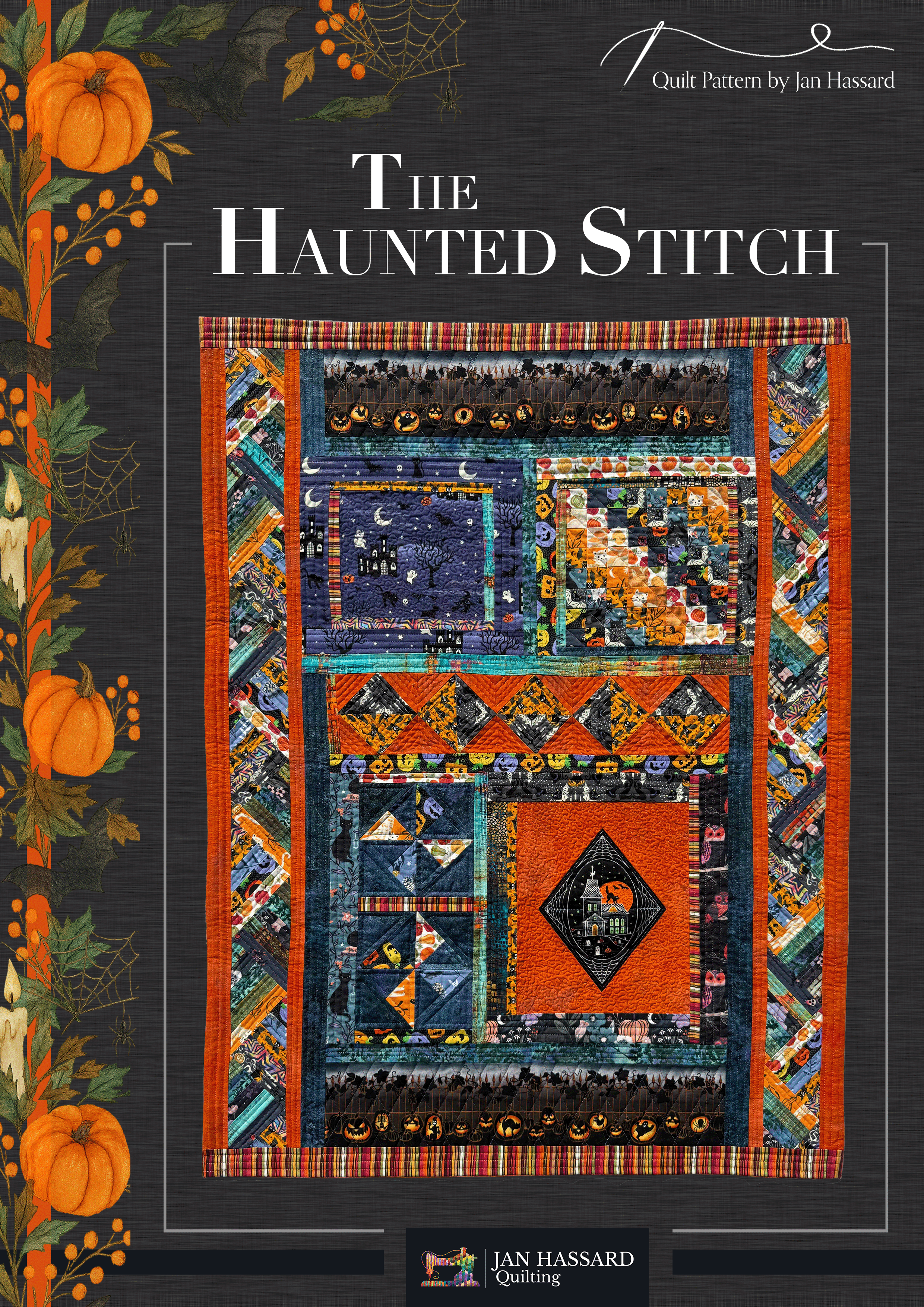 Quilt pattern cover titled 'The Haunted Stitch' with Halloween-themed design elements.