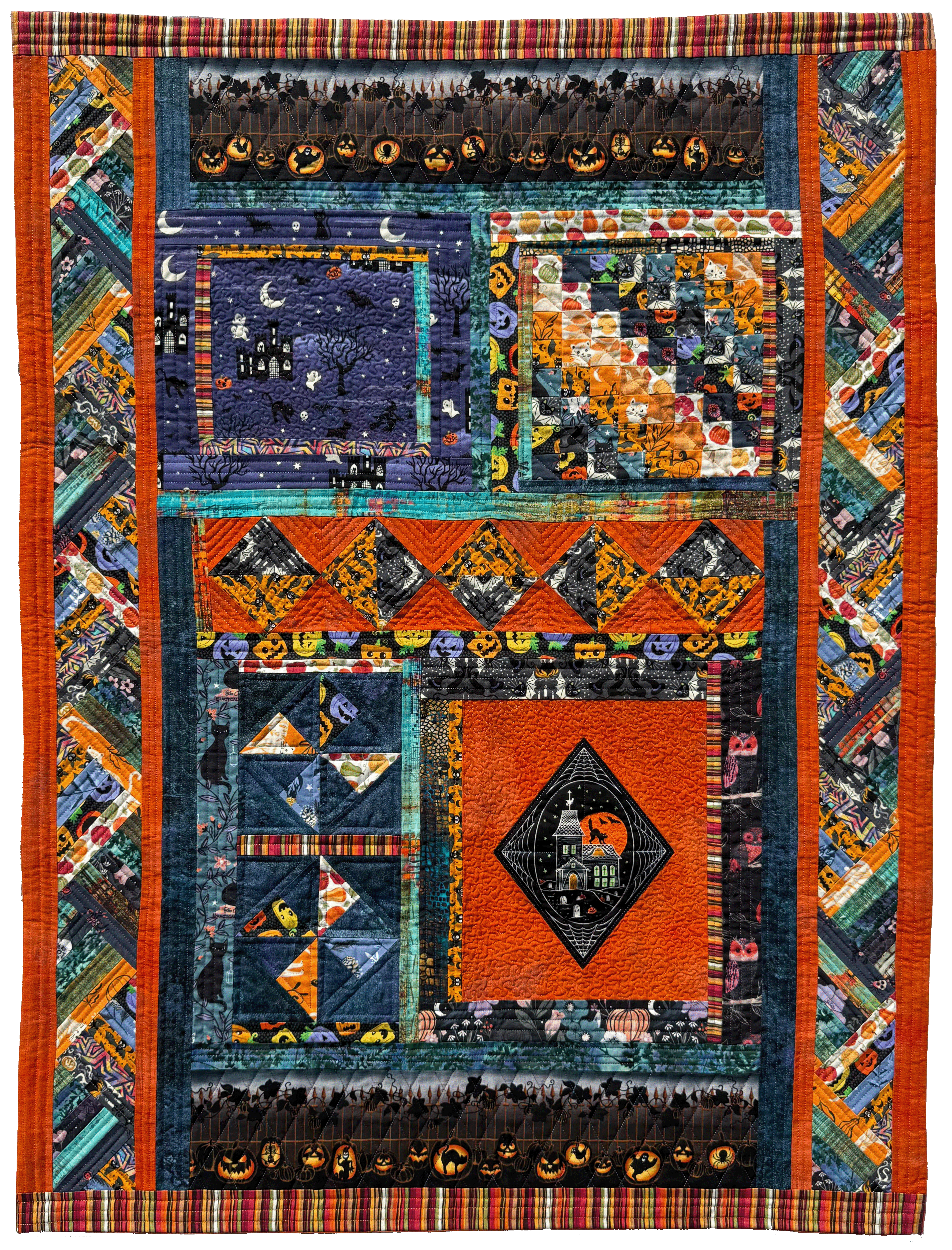 Colorful quilt with geometric patterns and vibrant colors in halloween-themed fabric.